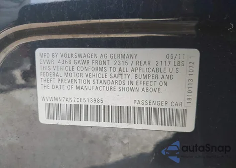 2012 Volkswagen Cc Sport z USA, uszkodzony, nr VIN WVWMN7AN7CE513985